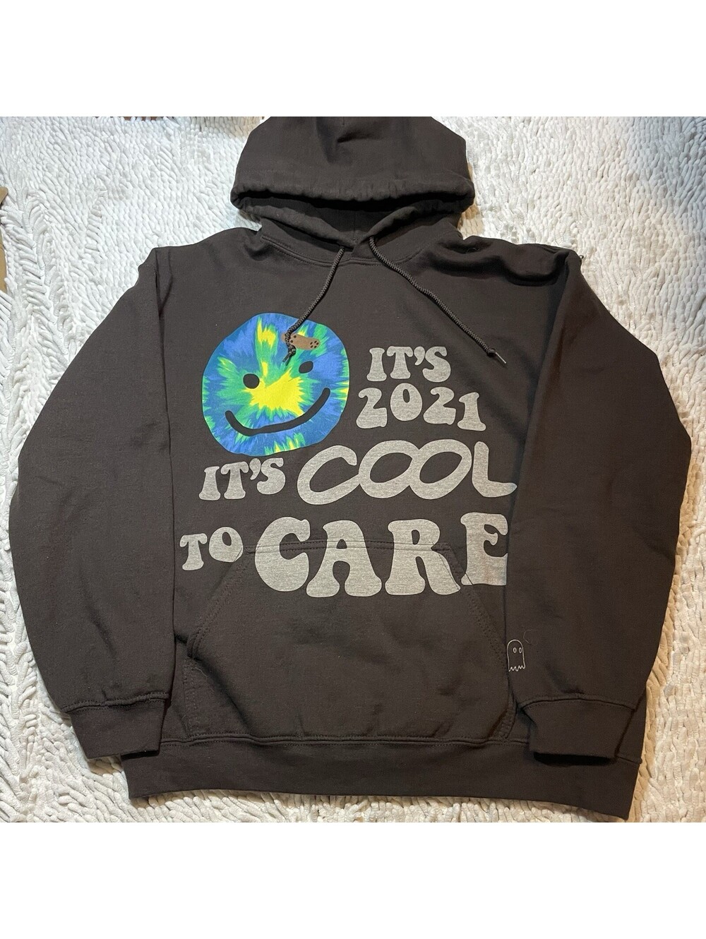Lonely Ghost Hoodie Unisex Size L Brown “ITS 2021 ITS COOL TO CARE” Graphic